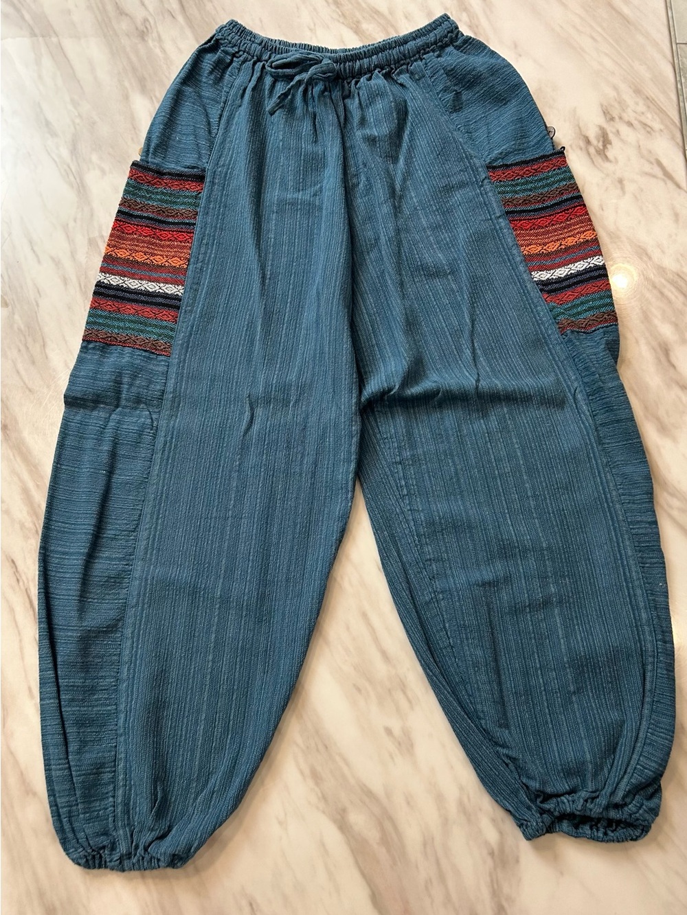 Blue Boho Elastic-Waist Harem Pants with Embroidered Side Panels